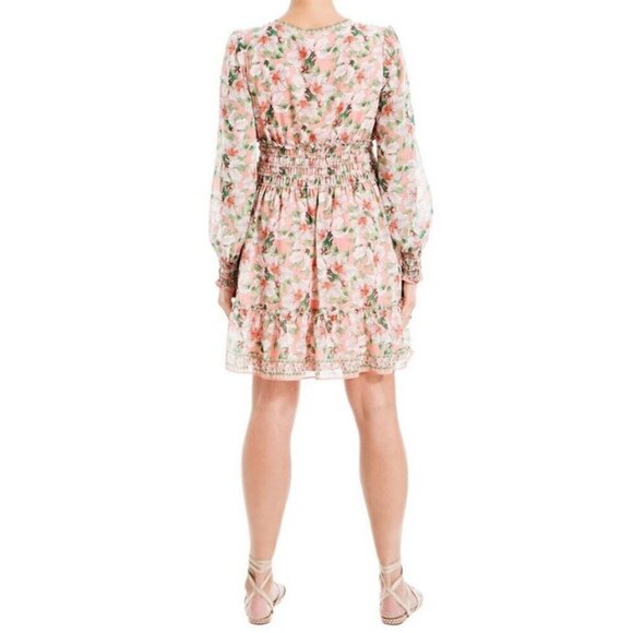 MAX STUDIO Geometric Floral Print Smocked Waist Dress Coral Green Hibiscus L NWT - Picture 12 of 12